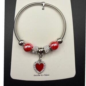 Heart Charm Bracelet Silver Tone Red Enamel Rhinestone Bangle Fashion Jewelry